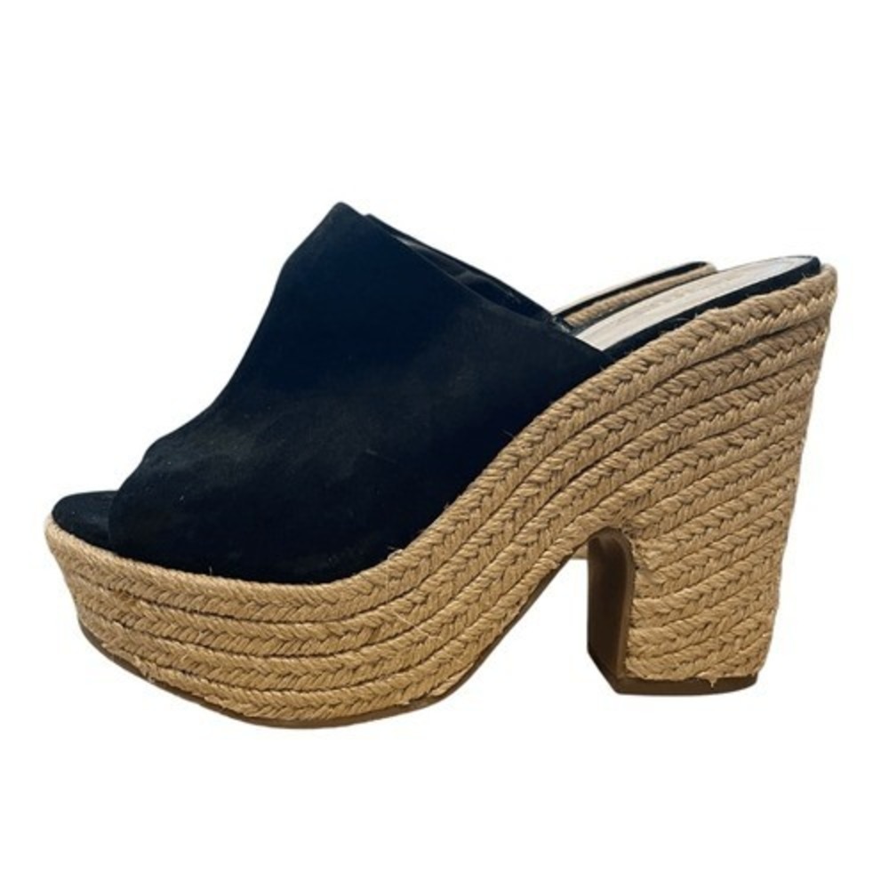 Schutz Black Suede Espadrille Platform Mule Sandals Chunky Block Heel Open Toe